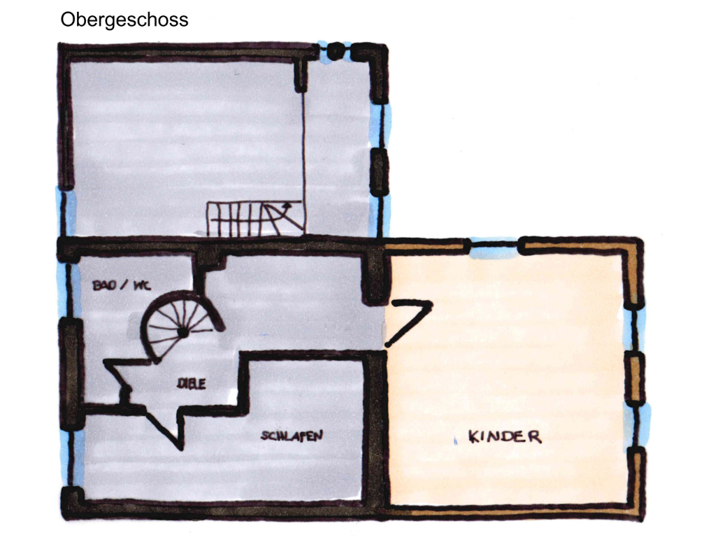 Grundriss des Obergeschosses mit Schlafräumen, Bad und Kinderzimmer