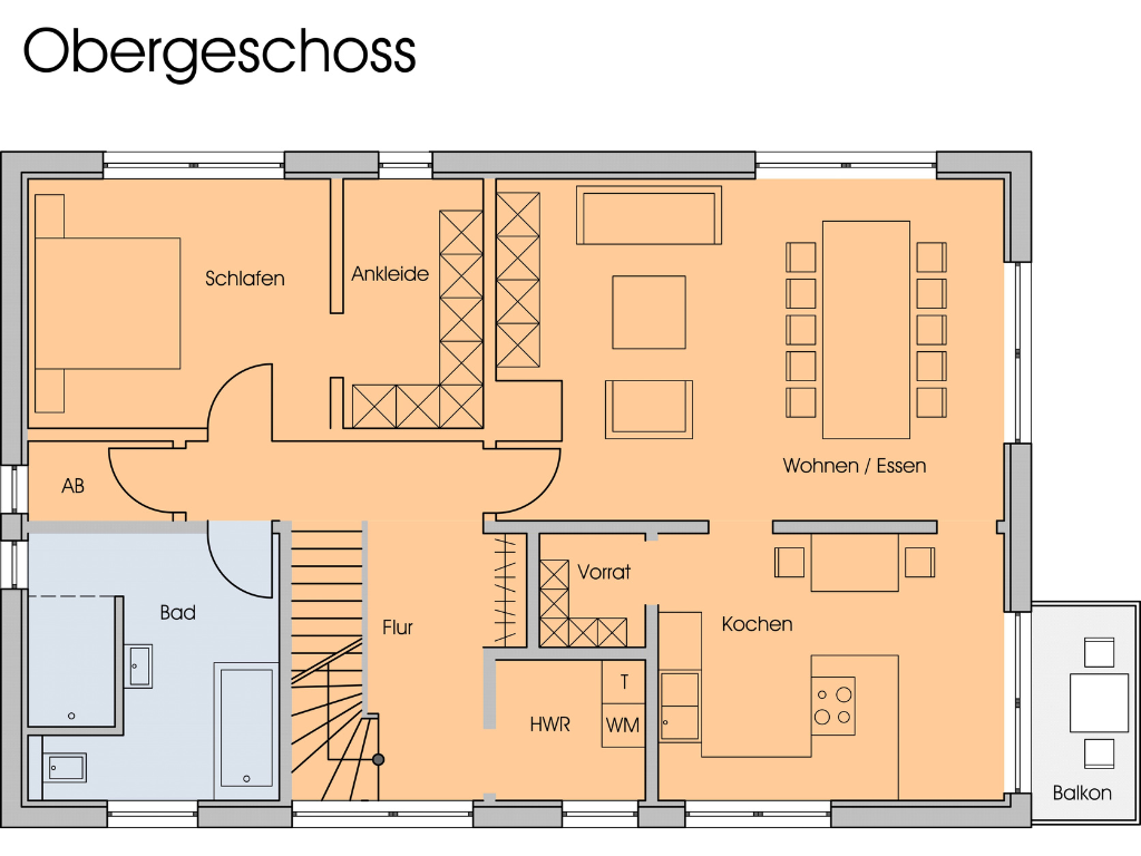 Grundriss des Obergeschosses mit Wohnen, Essen, Kochen, Schlafen, Bad und Balkon