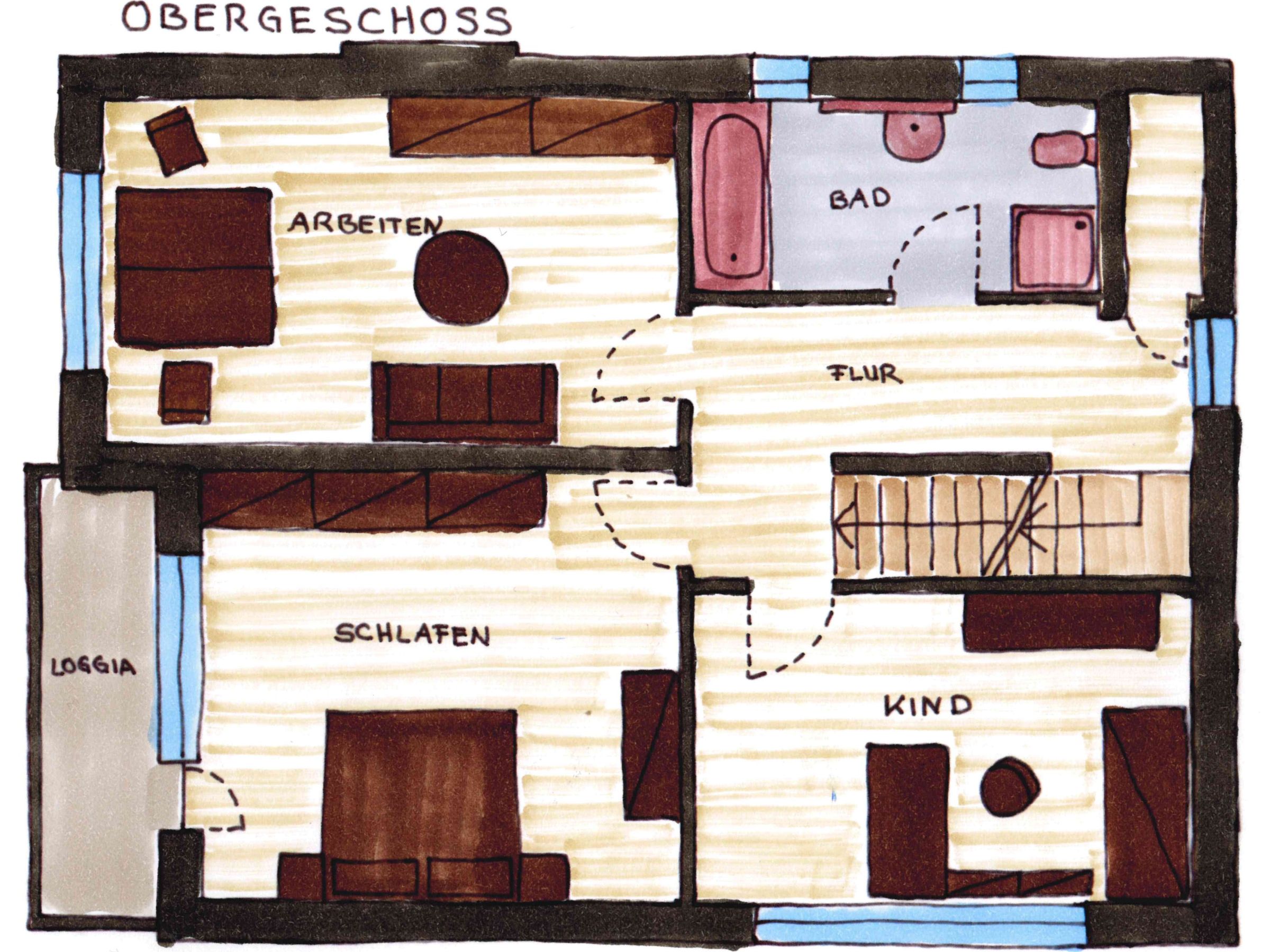 Grundriss des Obergeschosses mit Schlafen, Arbeiten, Bad, Flur und Loggia