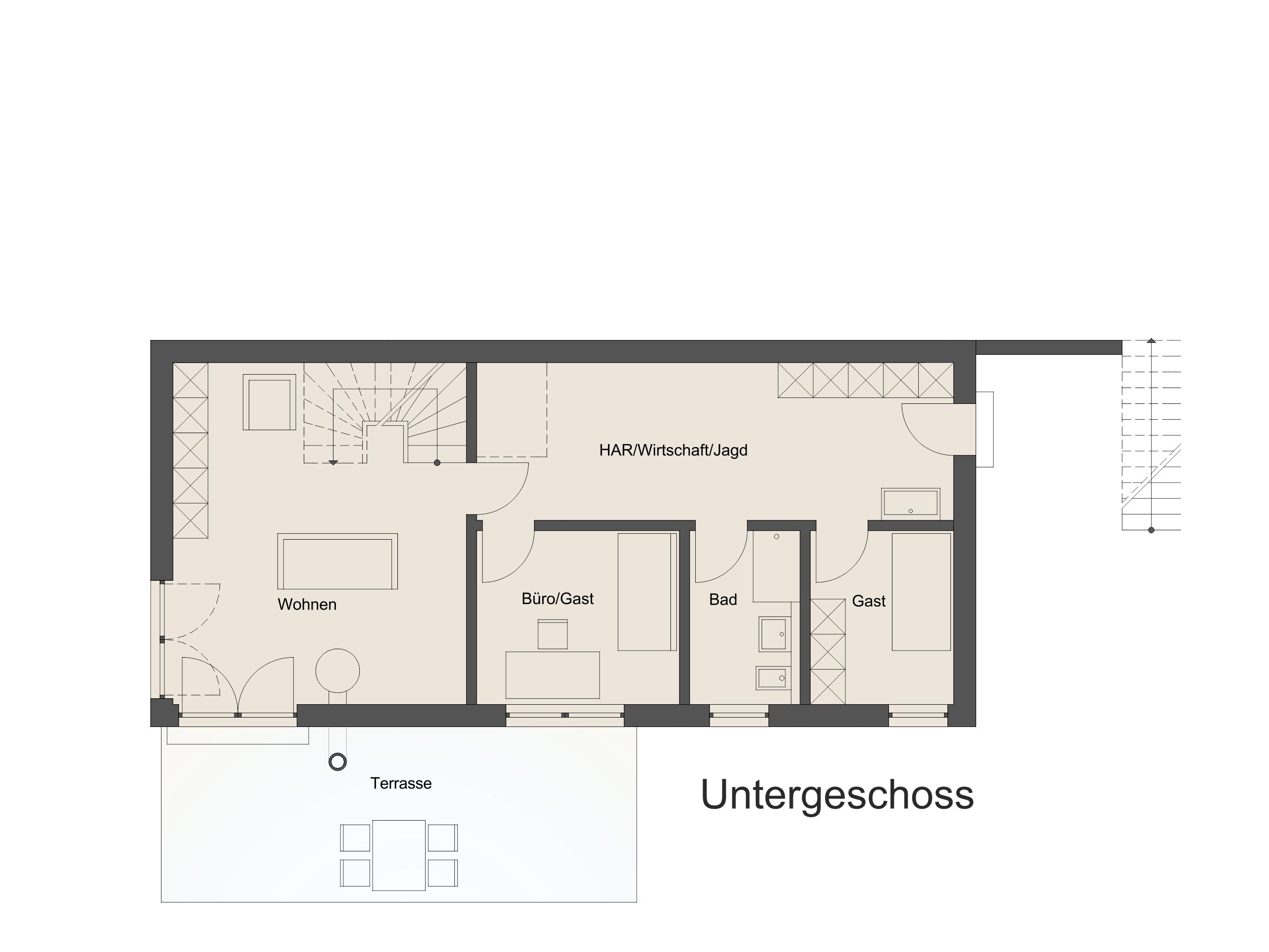 Untergeschossgrundriss mit Wohnbereich, Gästezimmern, Büro und Terrasse