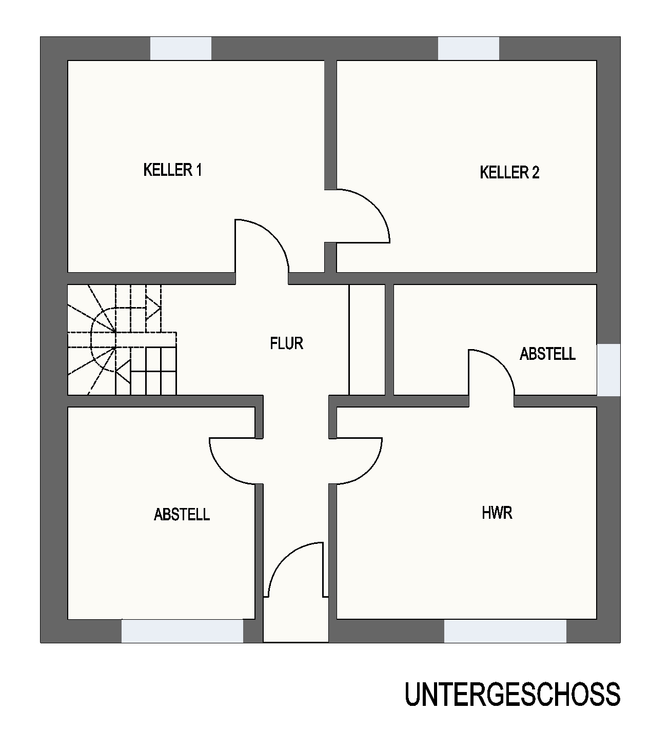 Untergeschossgrundriss von Haus Körting mit Kellerräumen, Hauswirtschaftsraum und Abstellflächen