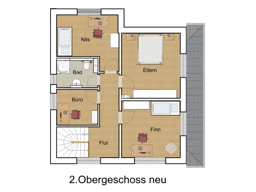 Grundriss des neu aufgestockten zweiten Obergeschosses mit Schlaf- und Arbeitsräumen