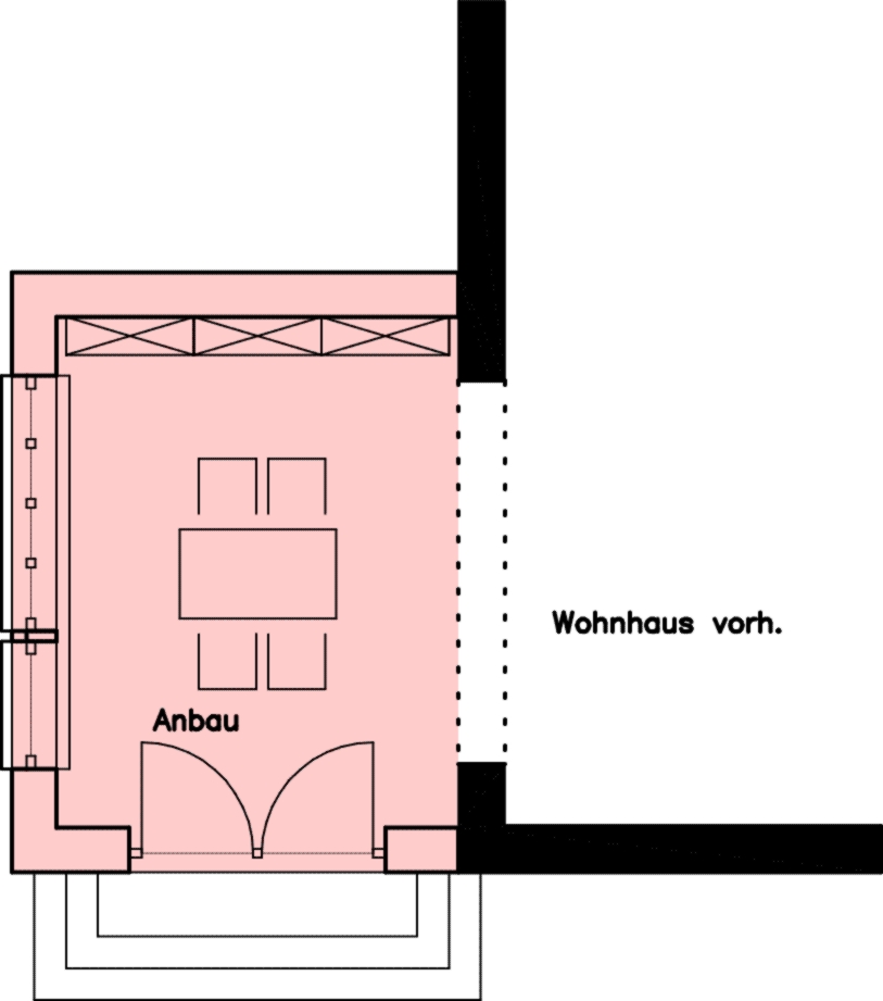 Gartenseitige Ansicht von Anbau de Vries mit kubischem Anbau und Holzfassade aus unbehandelter Lärche