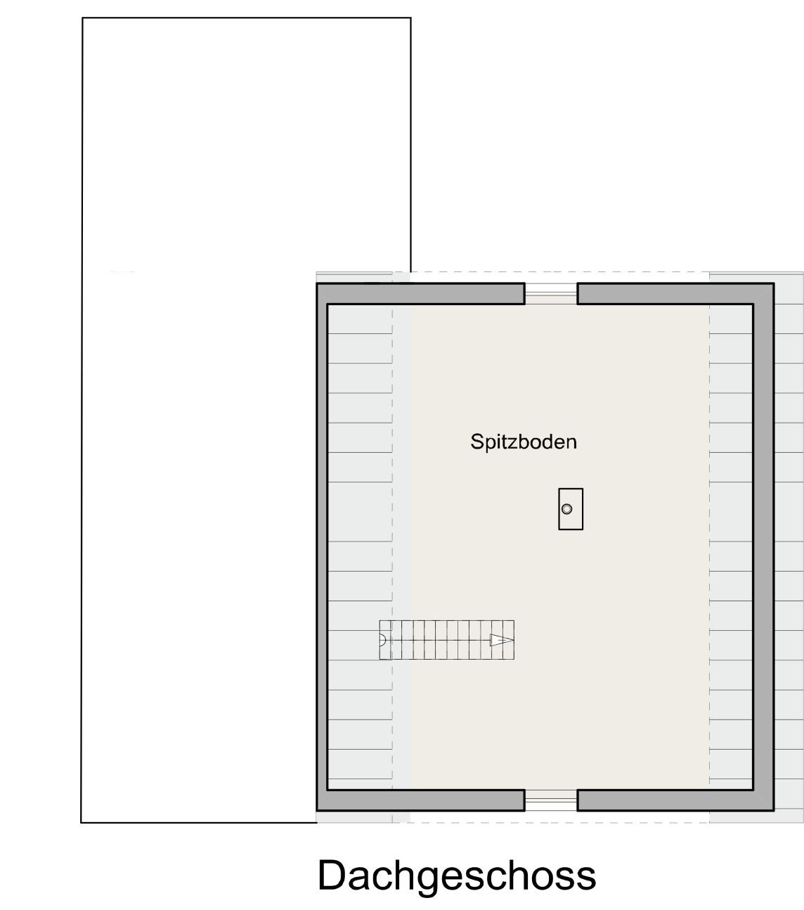 Grundriss des Dachgeschosses mit offenem Spitzboden und Treppenerschließung als Stauraumfläche