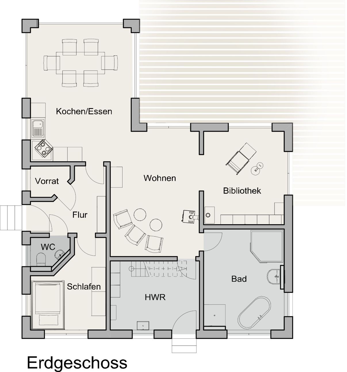 Grundriss des Erdgeschosses mit Wohnen, Kochen und Essen, Schlafzimmer, Bad, Hauswirtschaftsraum und Bibliothek
