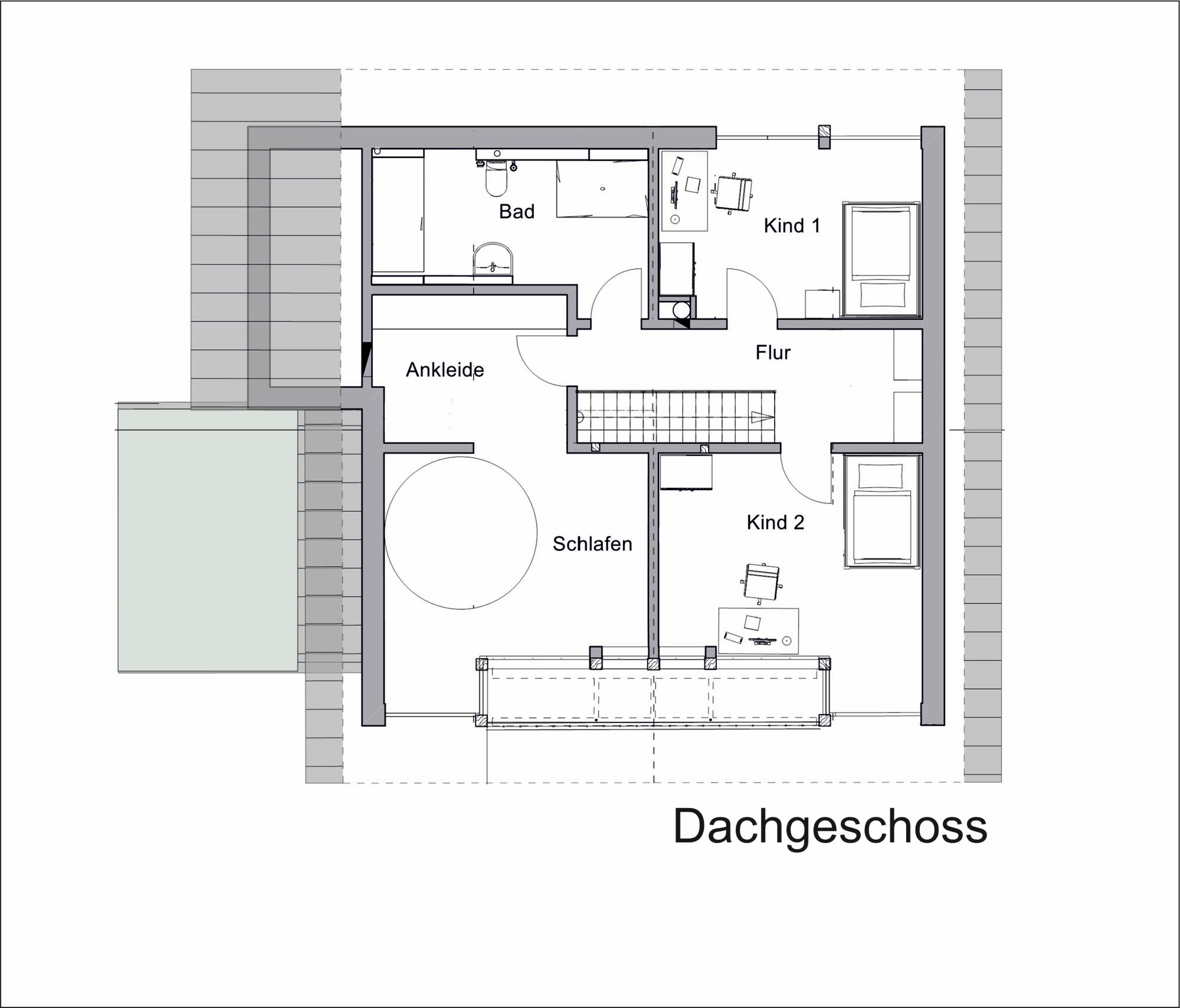Grundriss Dachgeschoss von Haus Fischer-Hien mit Elternschlafzimmer, Ankleide und Kinderzimmern