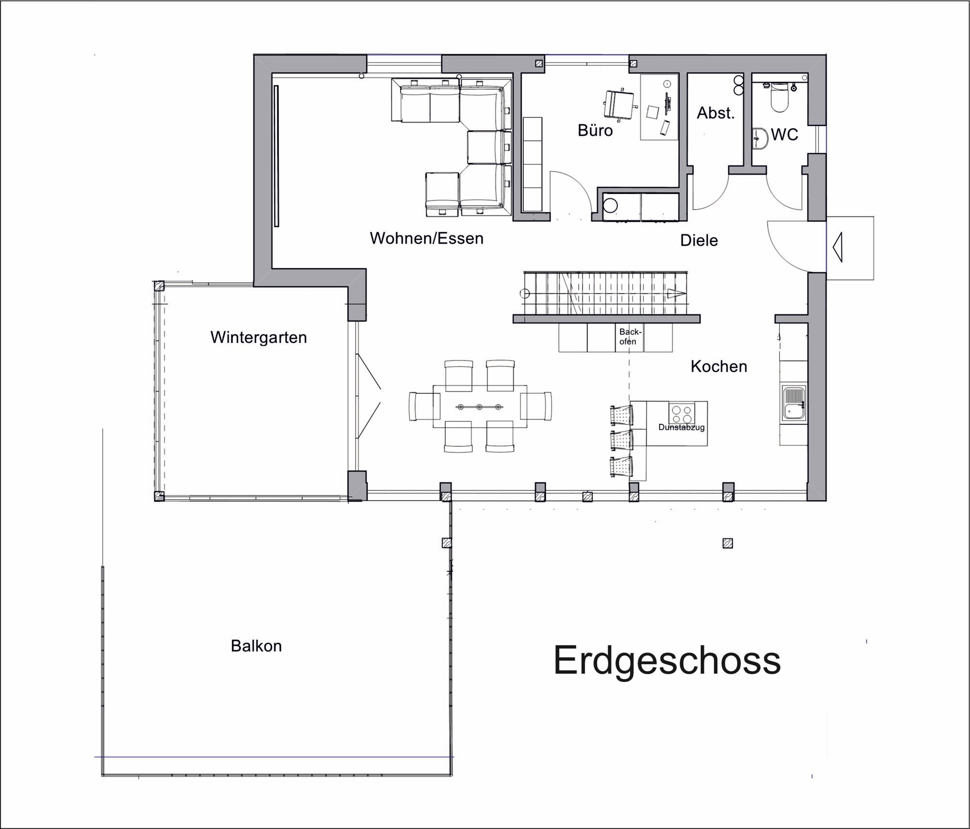 Grundriss Erdgeschoss von Haus Fischer-Hien mit offenem Wohn-, Ess- und Kochbereich sowie Wintergarten