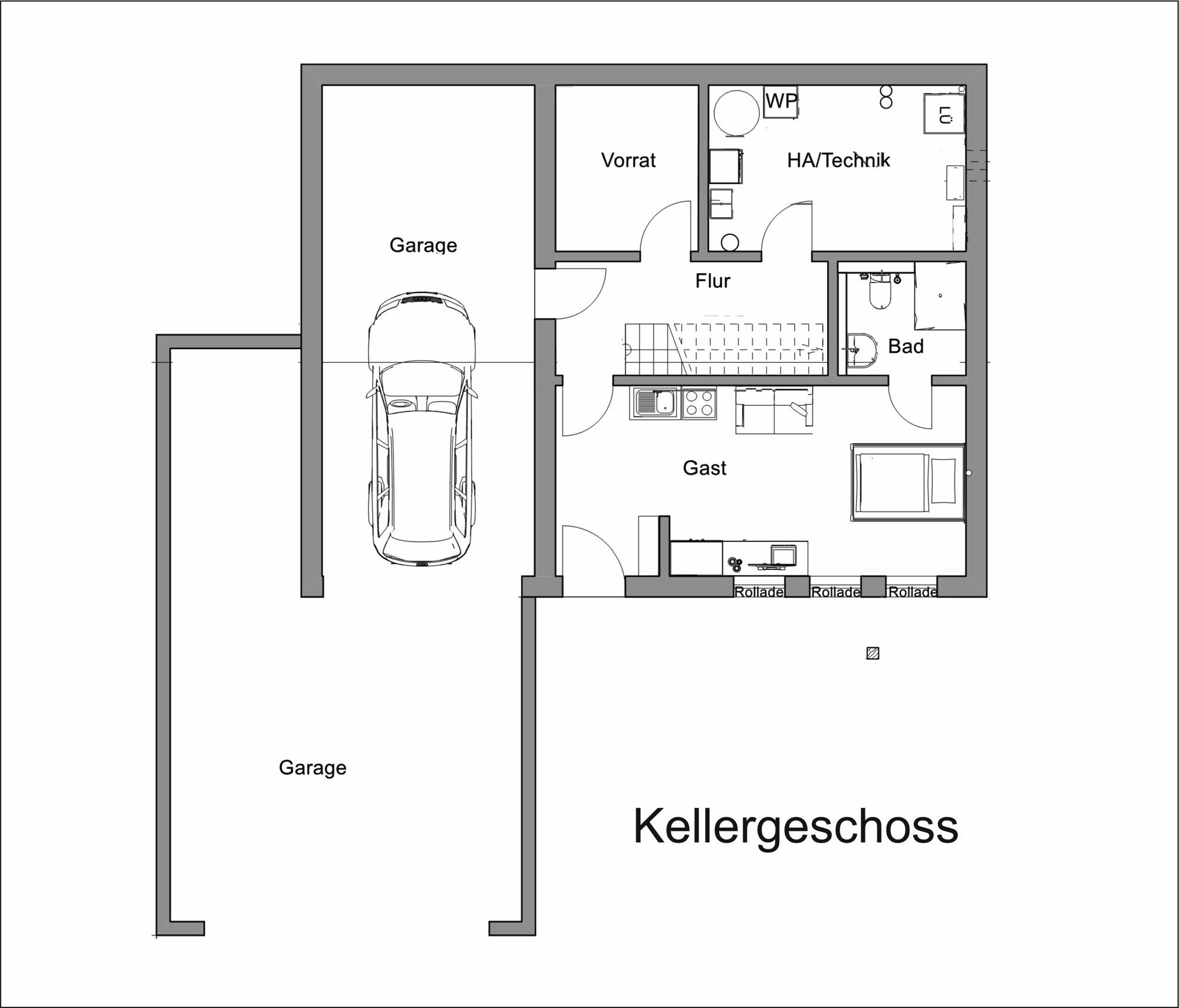 Grundriss Kellergeschoss von Haus Fischer-Hien mit Einliegerwohnung, Technik- und Vorratsräumen