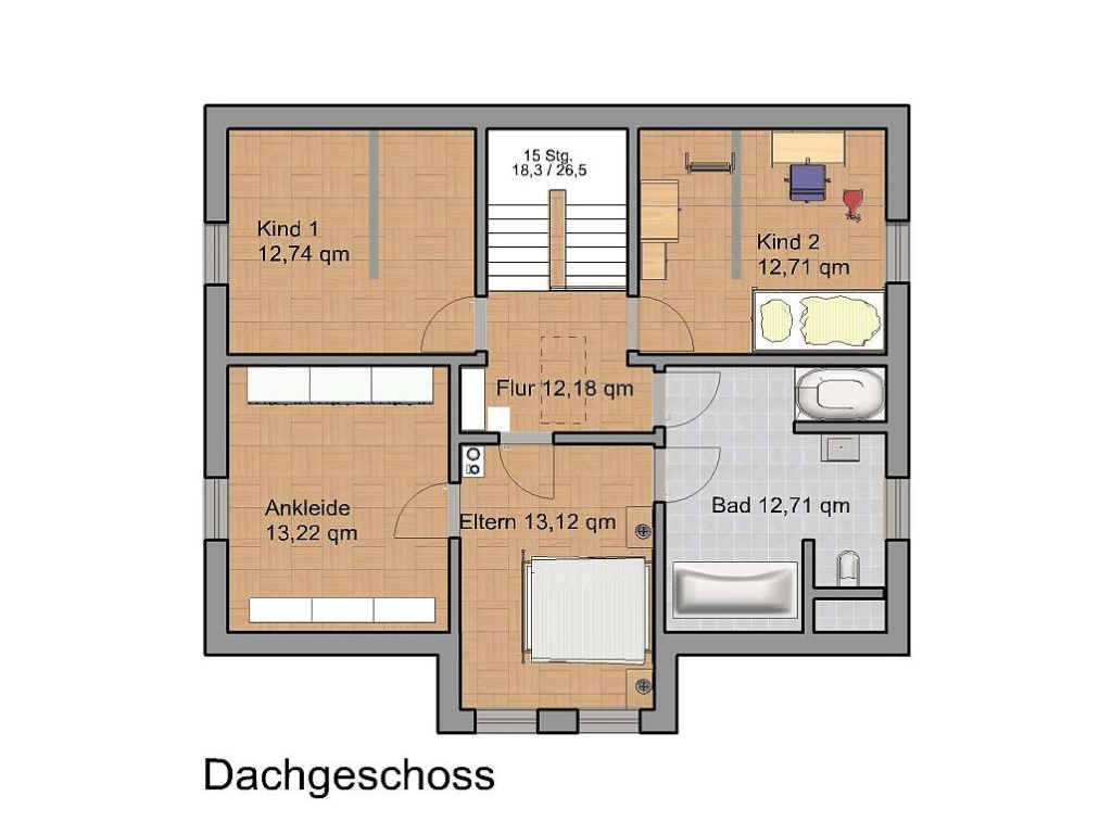 Grundriss Dachgeschoss Haus Mettner mit Elternschlafzimmer, Kinderzimmern und Bad