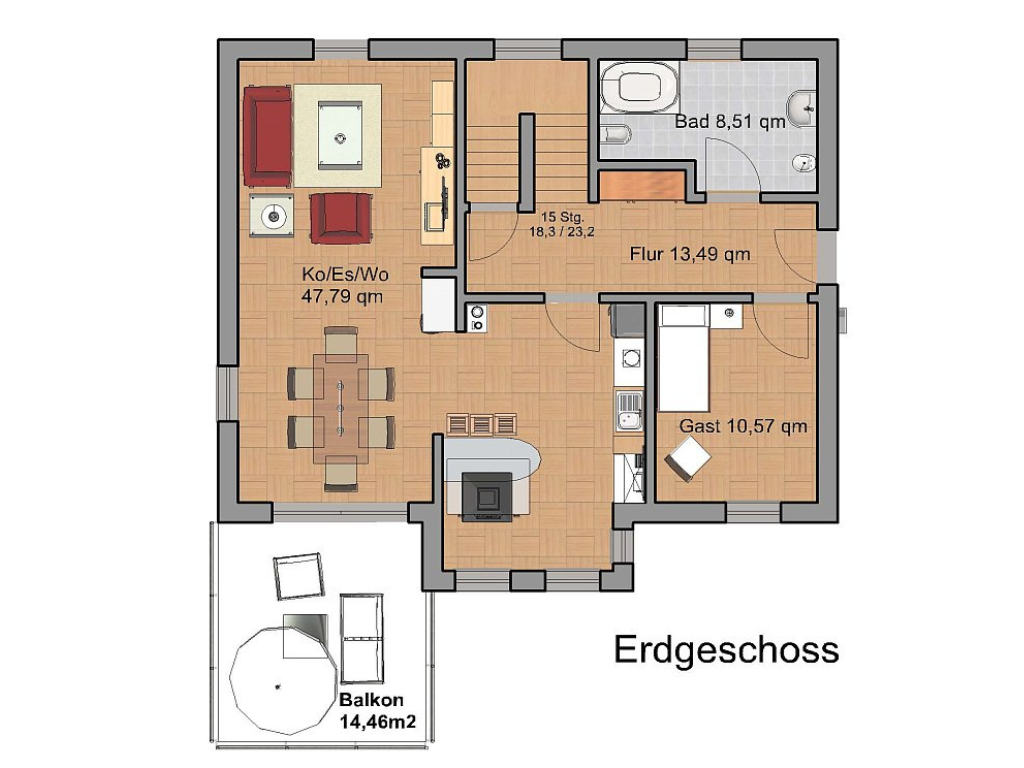 Grundriss Erdgeschoss mit offenem Wohn-Ess-Kochbereich, Gästezimmer und Balkon