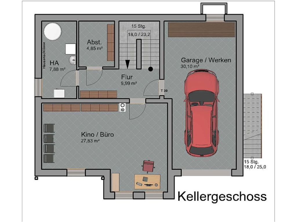Kellergeschoss mit integrierter Garage, Büro, Technikraum und direktem Hauszugang
