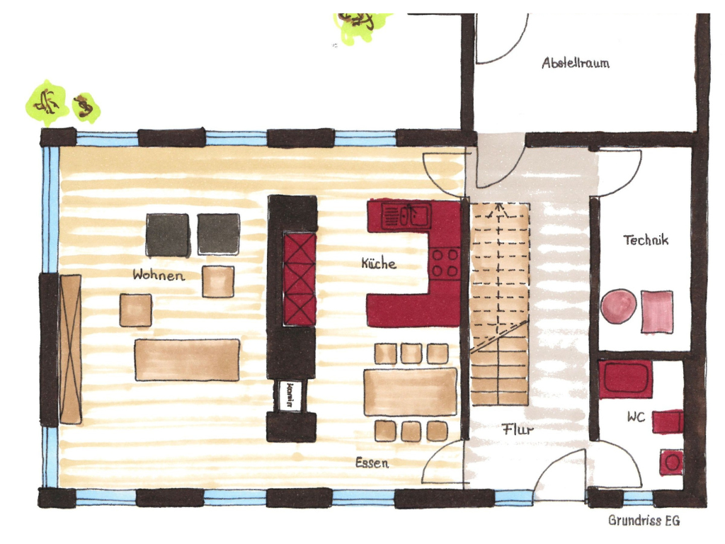 Grundriss Erdgeschoss Erdgeschossgrundriss mit offenem Wohn-Ess-Bereich und zentralem Treppenhaus