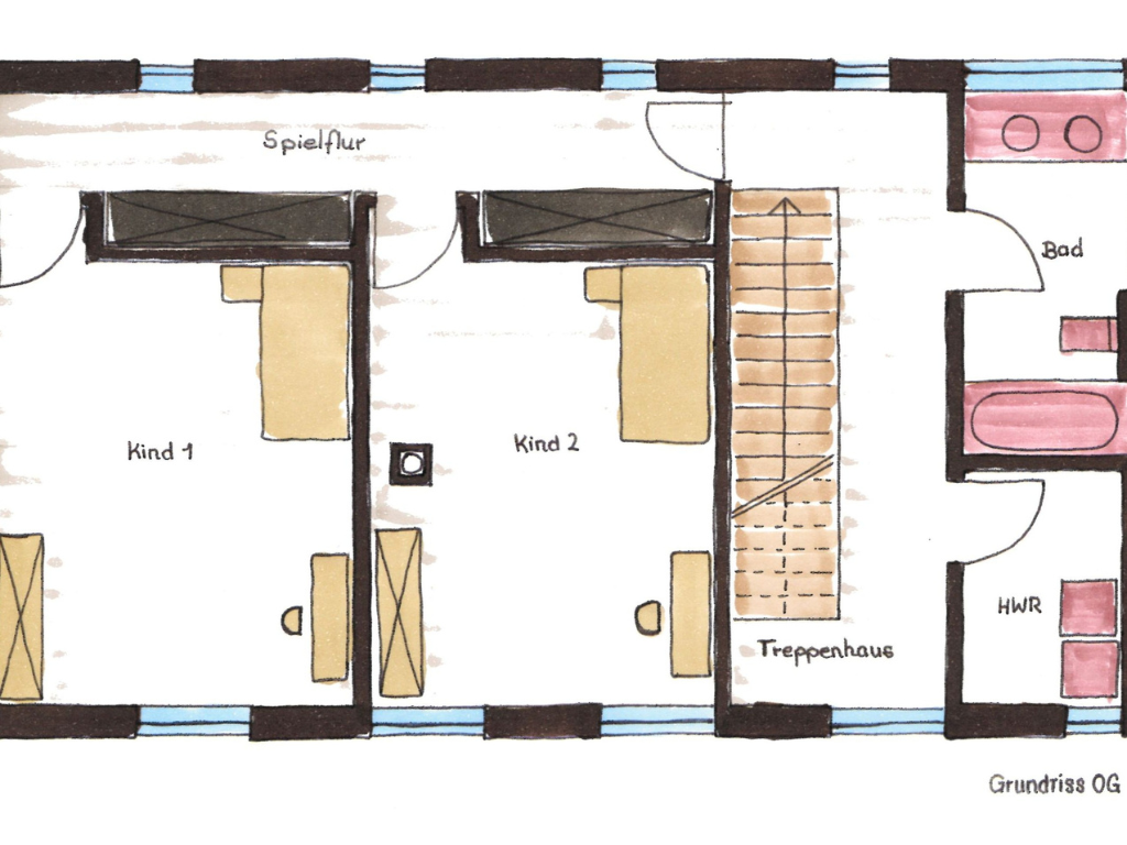 Grundriss Obergeschoss Grundriss Obergeschoss mit Kinderzimmern, Bad und Spielflur