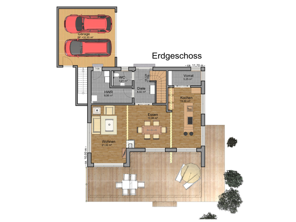Erdgeschoss-Grundriss mit Wohn- und Essbereich, Küche und Garage