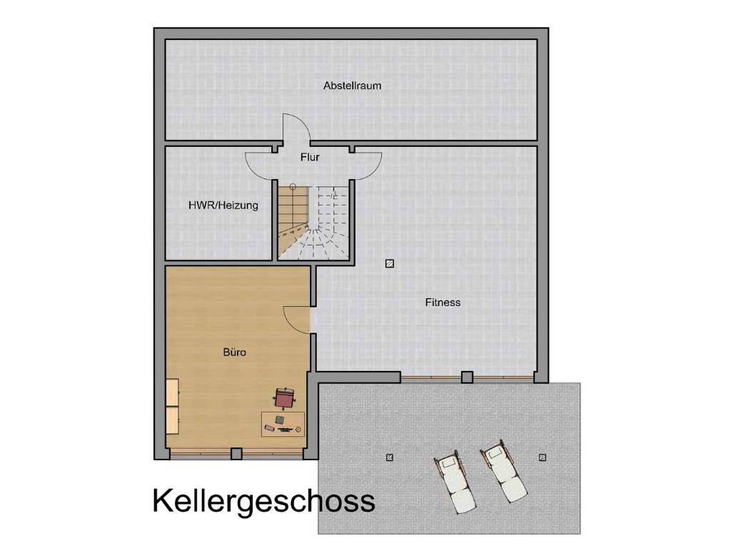 Grundriss des Kellergeschosses mit Fitnessraum, Büro und Nebenräumen