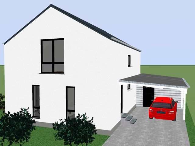 3D Visualisierung des kubischen Einfamilienhauses mit Satteldach und angebautem Carport
