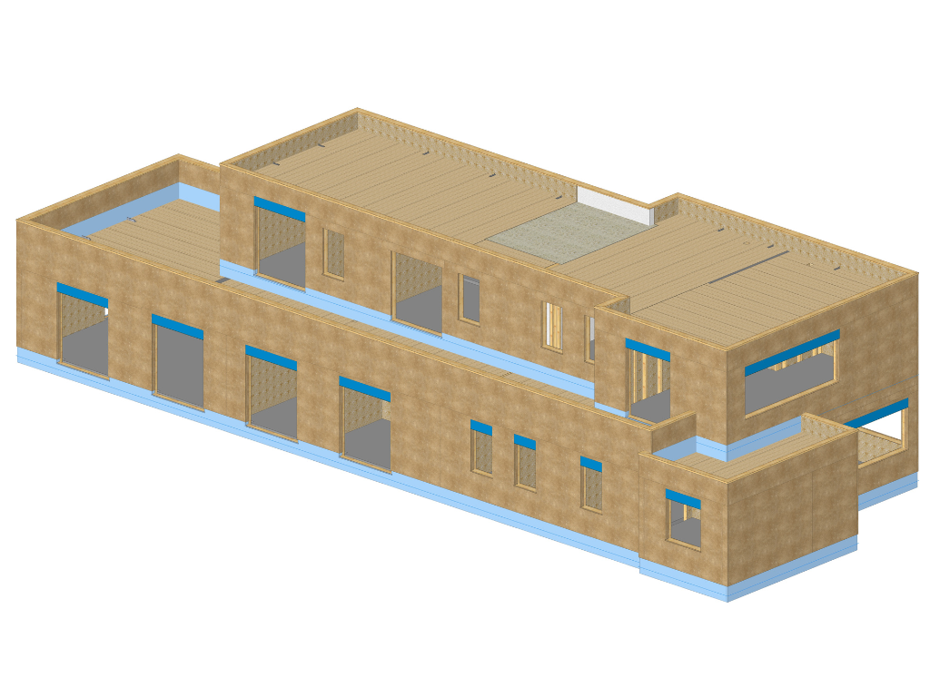 3D-Ansicht eines Mehrfamilienhauses und Praxisgebäudes in Holzrahmenbauweise