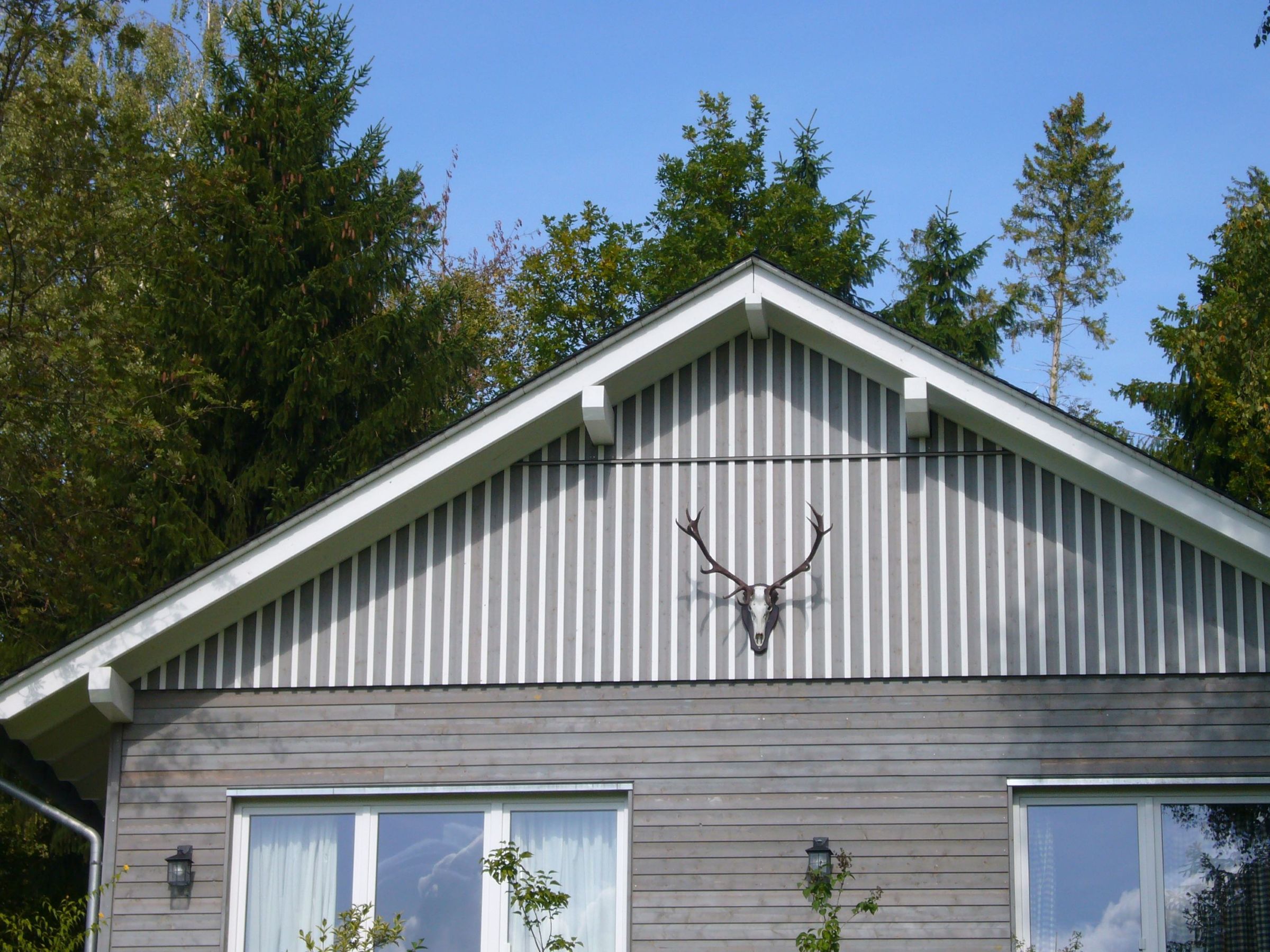 Detail der Giebelansicht mit vertikaler Holzschalung und dekorativem Element