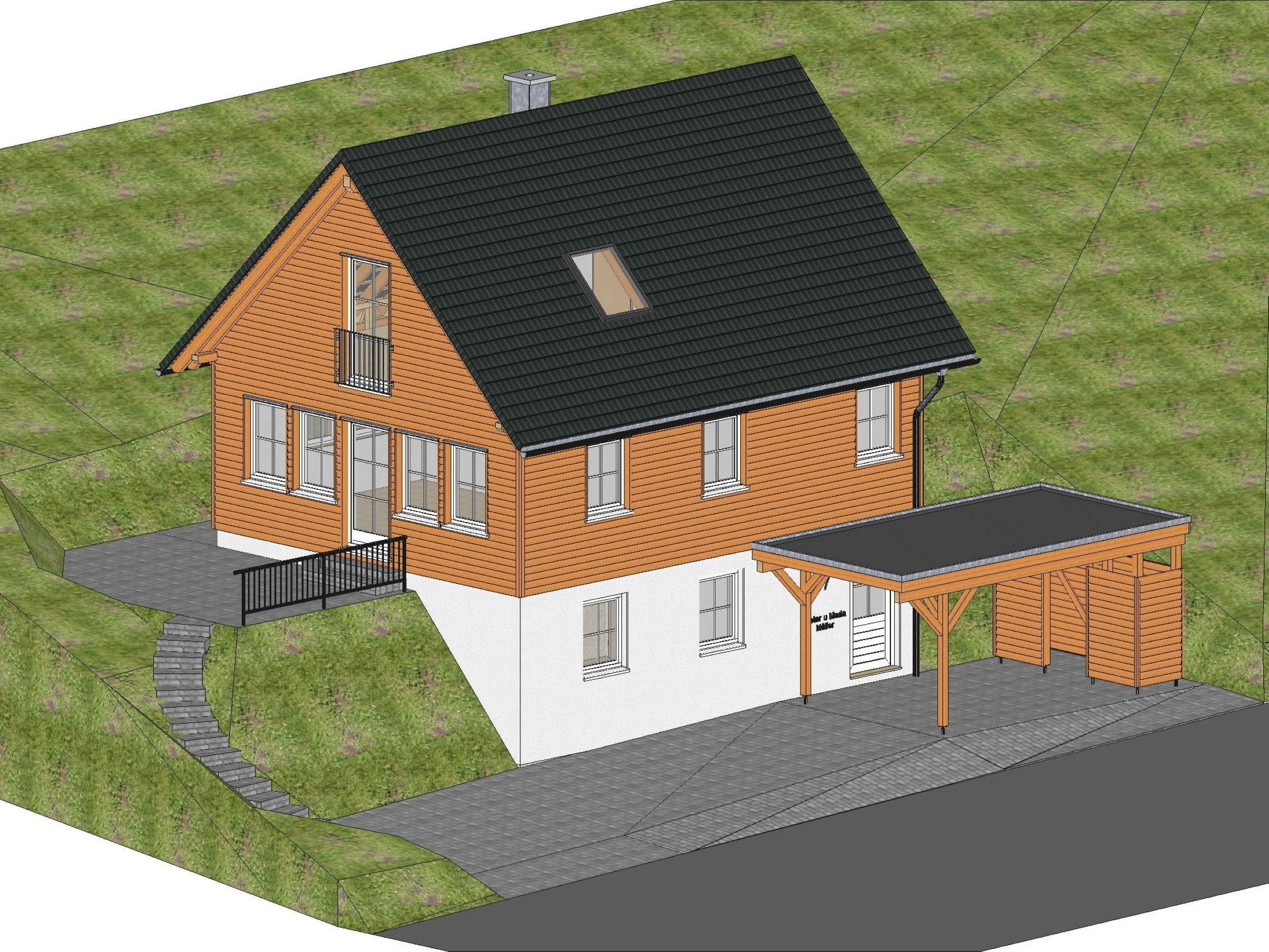 CAD Visualisierung eines kleinen Holzhauses mit Carport in Hanglage
