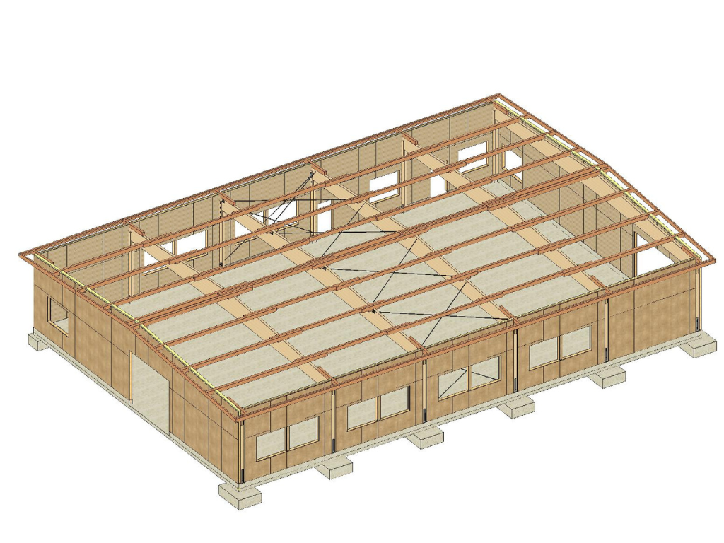 3D-Ansicht Hallentragwerk 3D-Ansicht einer Produktionshalle mit Brettschichtholzbindern in Holzbauweise