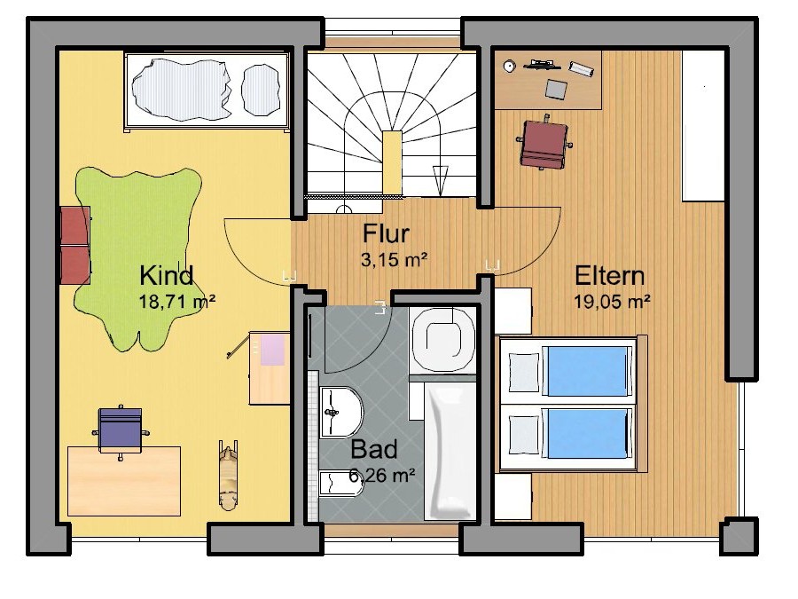 Grundriss Obergeschoss mit Elternschlafzimmer, Kinderzimmer und Bad
