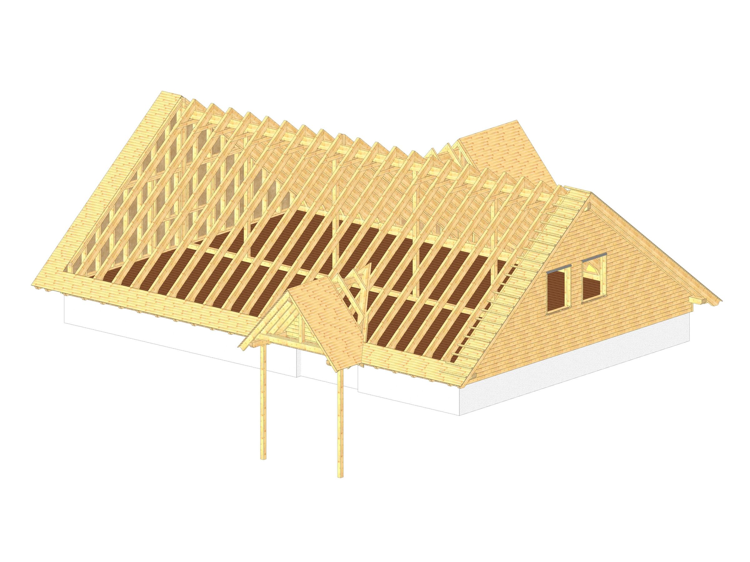 Axonometrische Darstellung des Dachaufbaus mit Giebel und Dachgeschoss