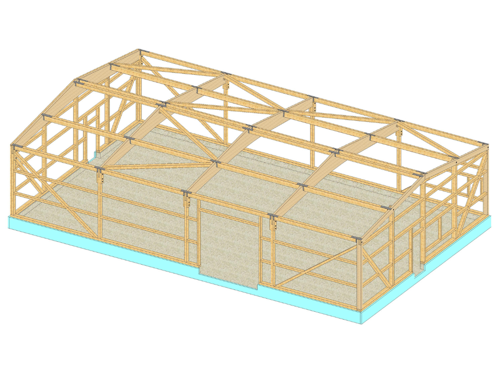 CAD-Planung einer Tischlereihalle mit Holzständerwerk und Dachbindern