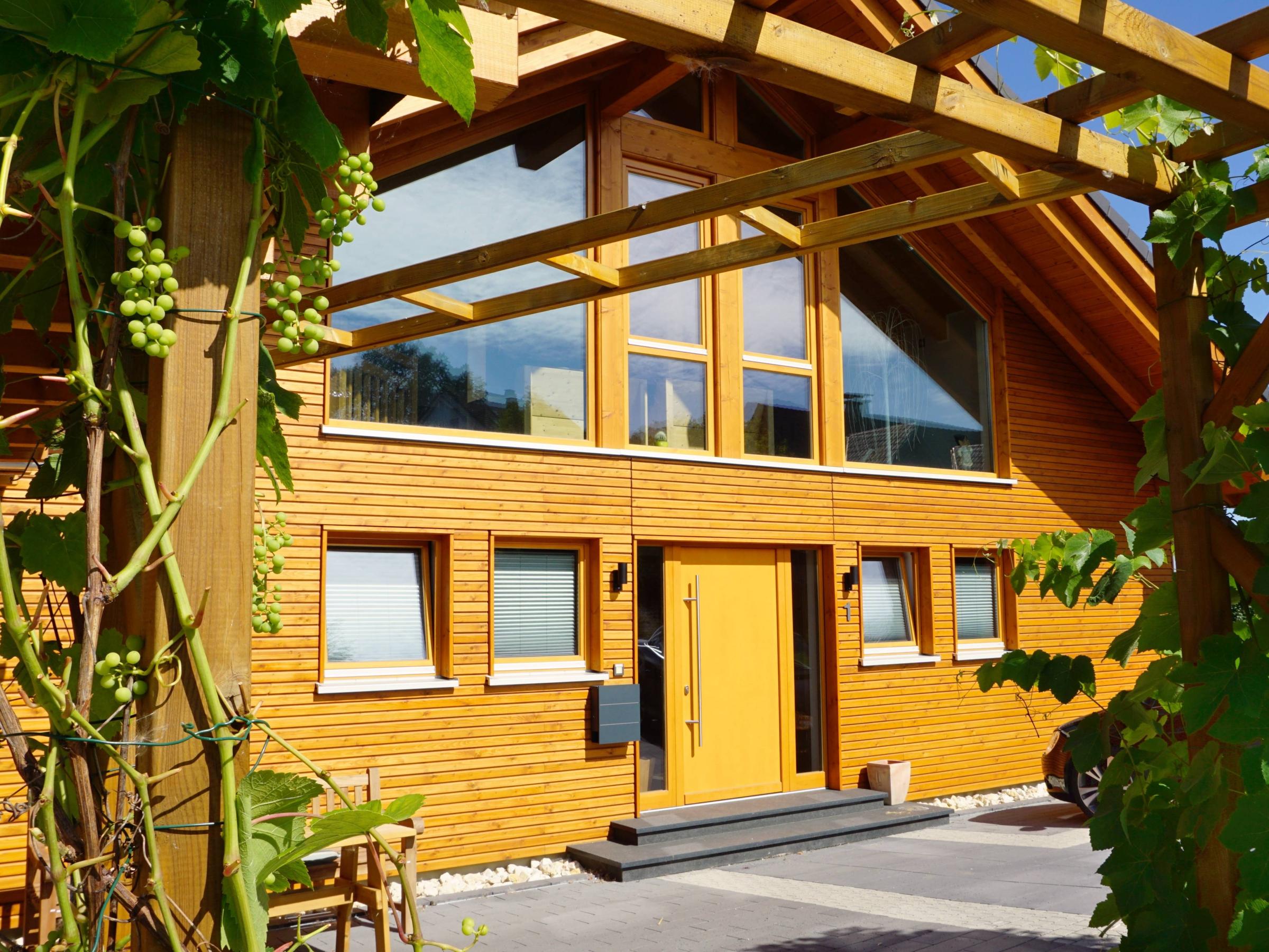 Blick durch Pergola auf Haustür, Giebelfront mit Verglasung und Dachüberstand